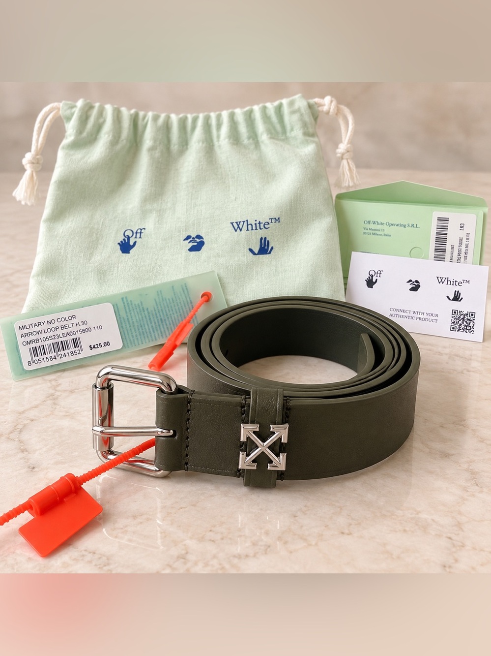 Off-White Olive Green Leather Belt with Silver Arrow Hardware